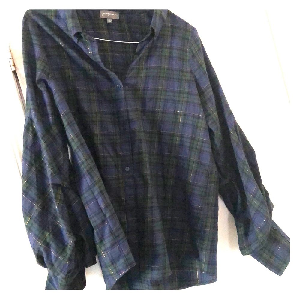 Greyson green & navy plaid shirt with Gold thread